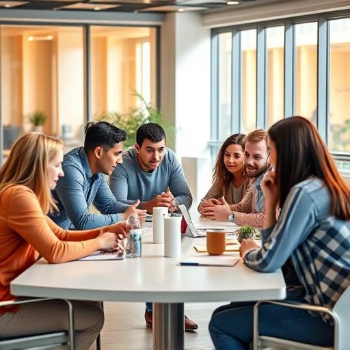 Image d'un groupe de personnes collaborant autour d'une table, symbolisant le travail d'équipe et la communication.