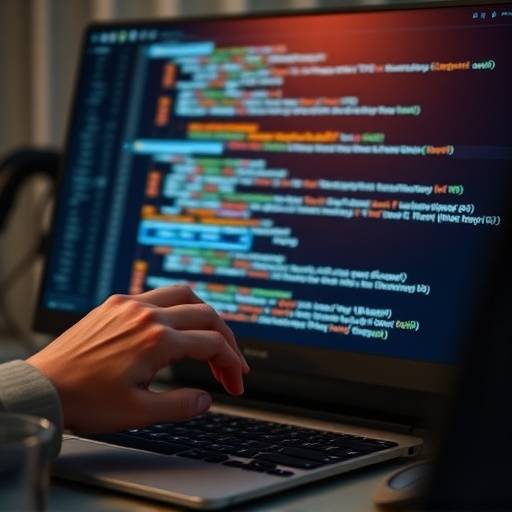 Image d'un écran d'ordinateur affichant du code informatique avec les mains d'un développeur tapant sur le clavier.