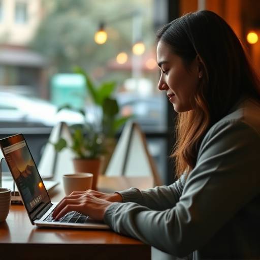 Image d'une personne travaillant sur un ordinateur portable dans un café, symbolisant le travail à distance et la flexibilité.