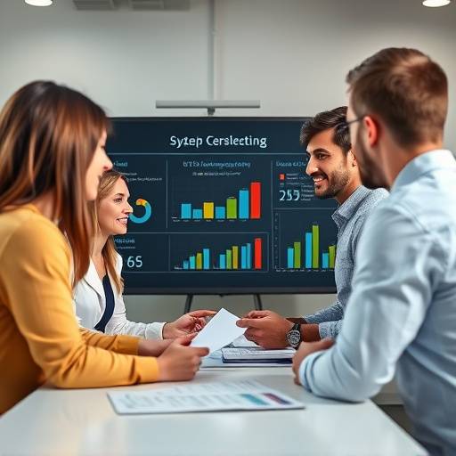 Image d'une présentation de marketing avec des graphiques et des personnes collaborant.